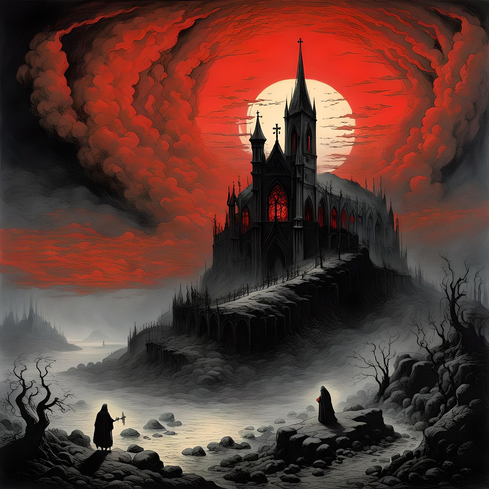 Gothic Cross in Red Mist Landscape, Doré Style