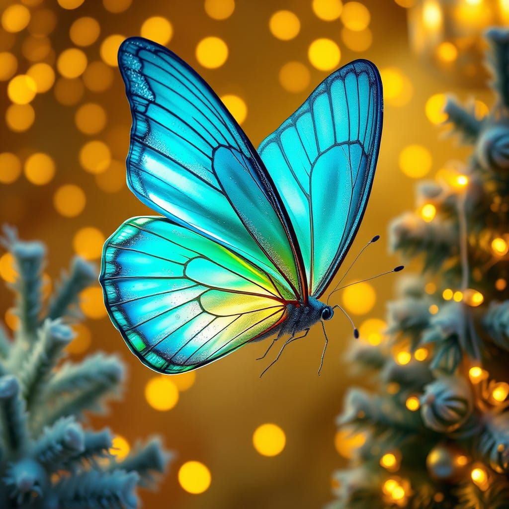 Surreal Iridescent Butterfly in Winter Wonderland Scene