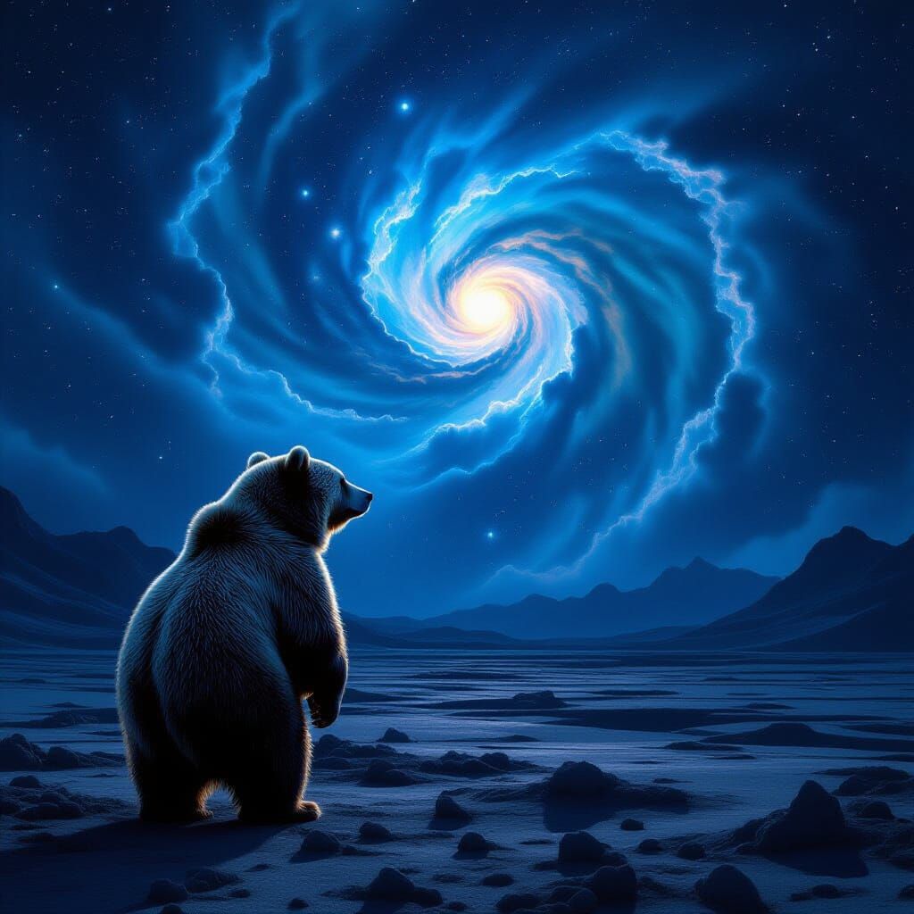 Kodiak Bear on Alien Planet Gazing at Nebula