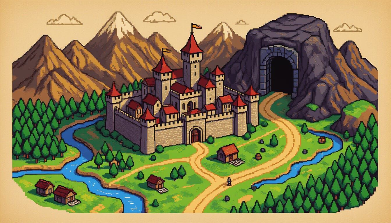 Retro Pixel Art RPG World Map with Medieval City