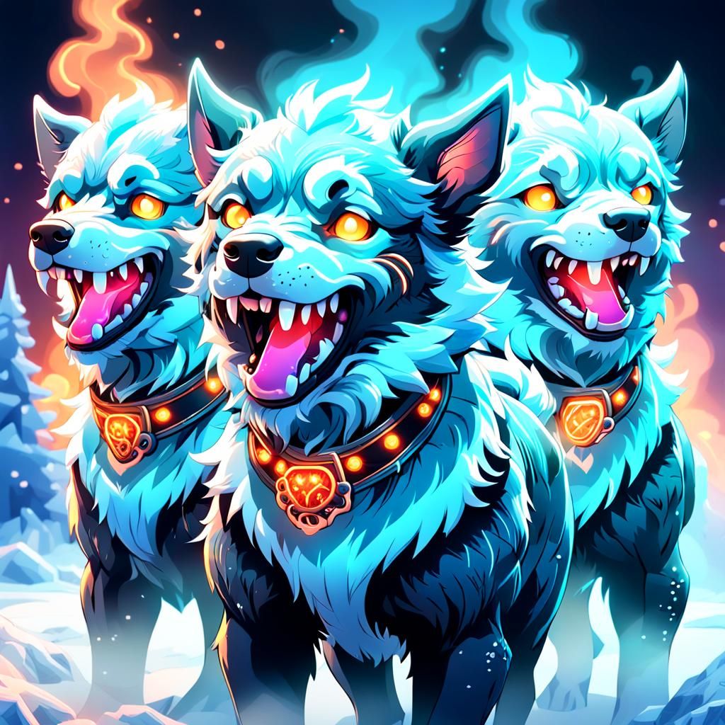 Cute Cerberus with Neon Eyes, Digital Fantasy Art