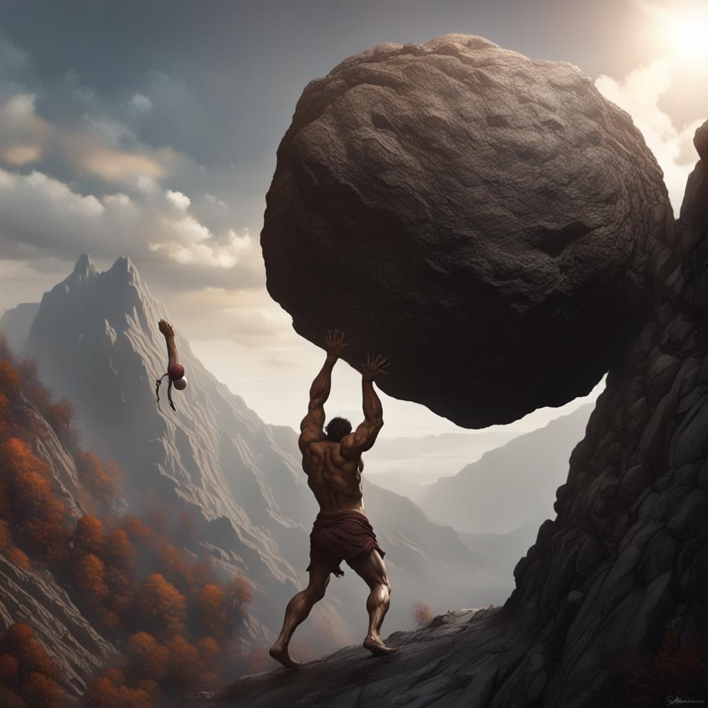 Sisyphus Pushes Boulder: Dark Fantasy Concept Art