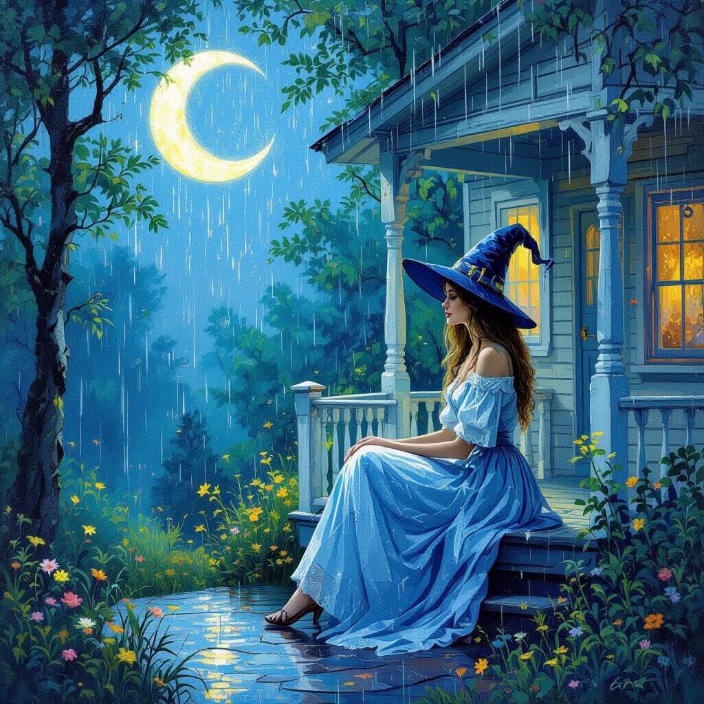 Enchanted Forest Witch in Summer Rain Under Crest Moon