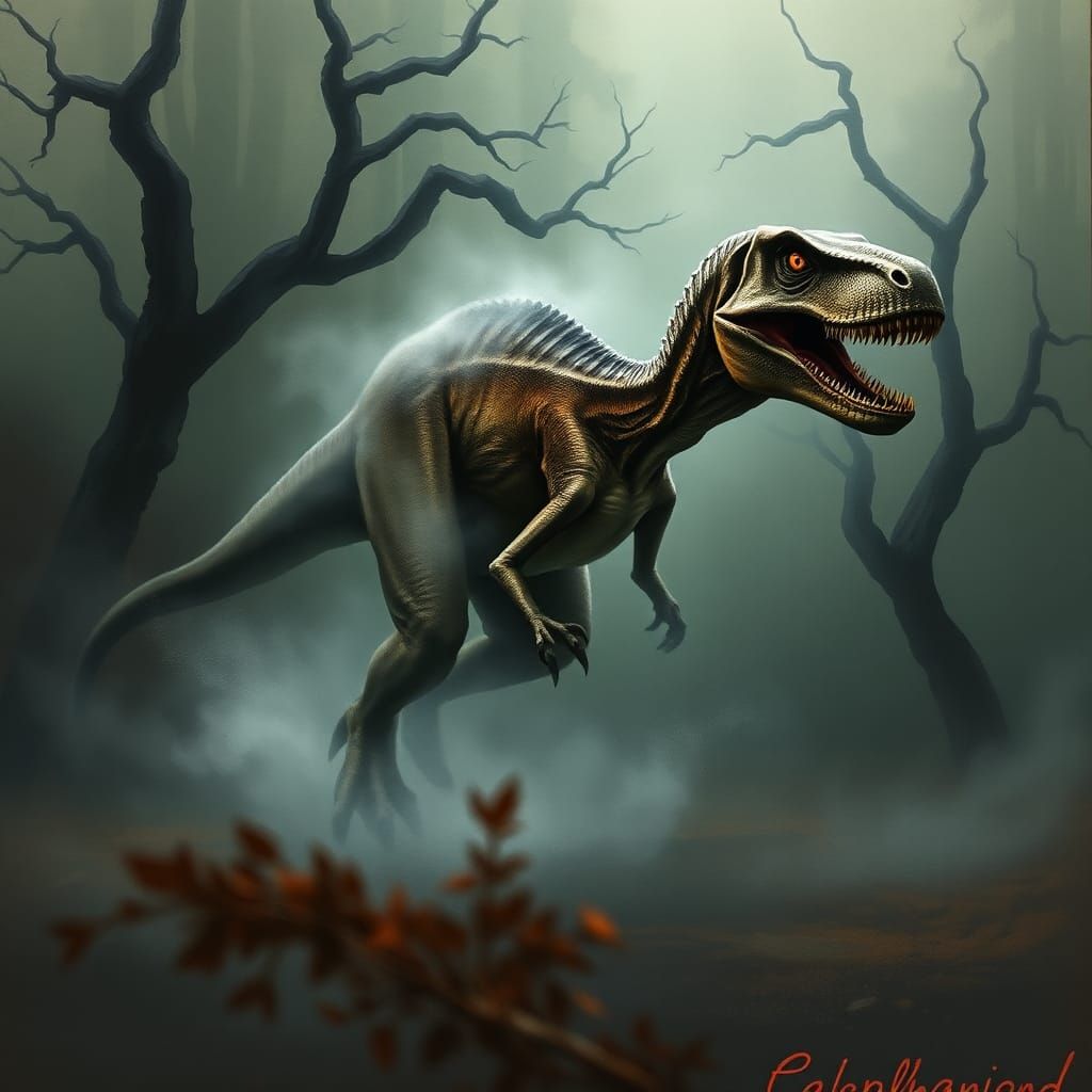 Velociraptor Hunting in Eerie Landscape: Watercolour Art