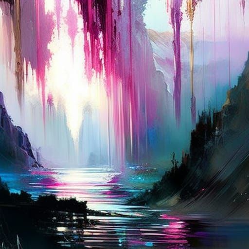 Dramatic Waterfall and Mountain Landscape Painting