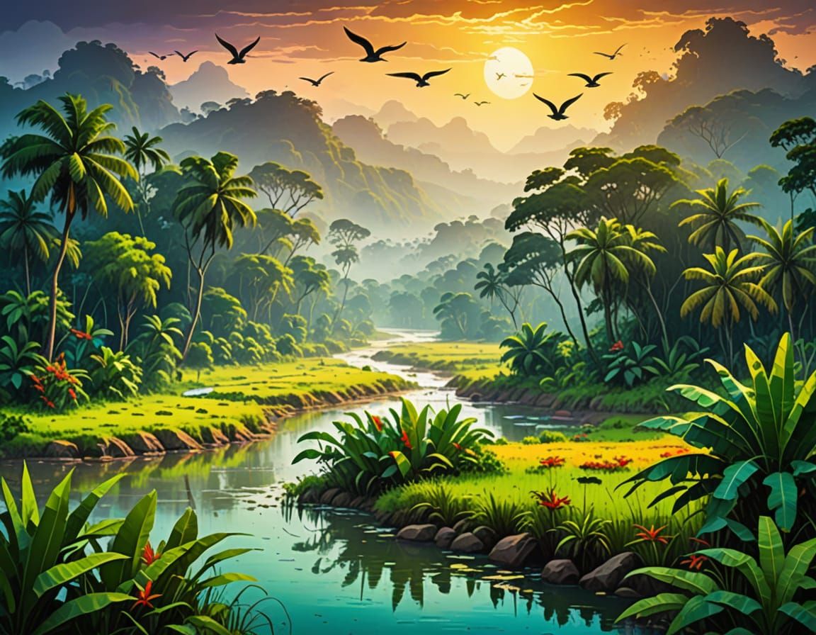 Lush Orinoco River Landscape in Fauvist Style