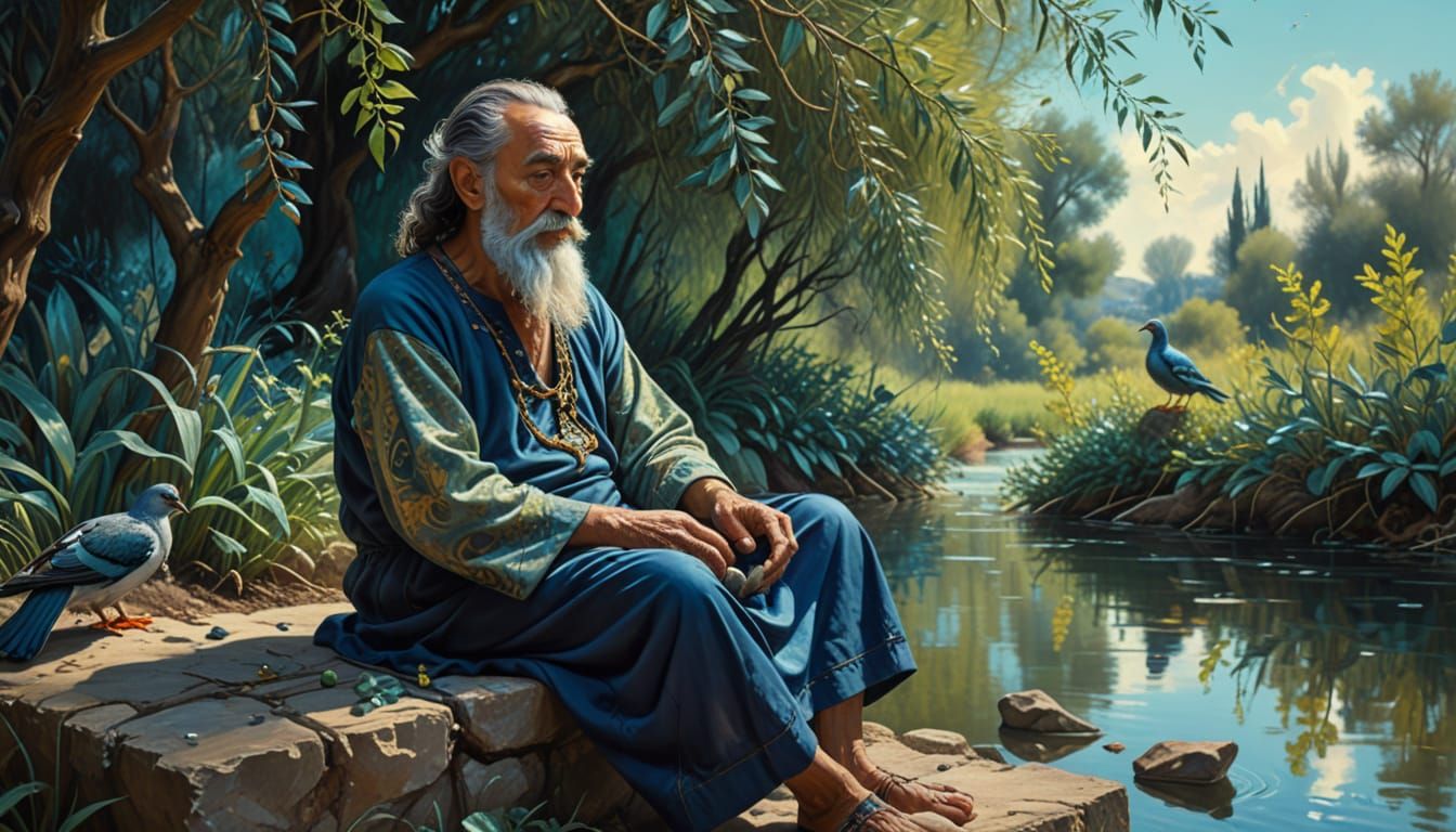 Elderly Middle Eastern Man Scattering Seeds by River in Oil ...