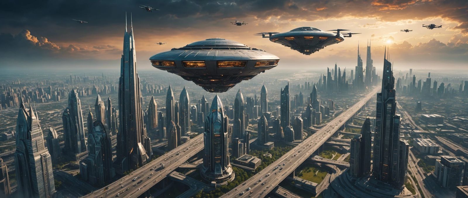 Futuristic Sky City with Vimana-Style Traffic