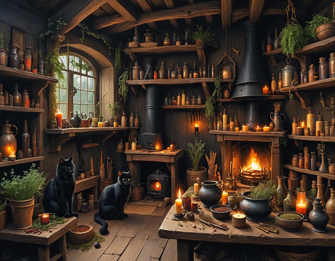 Medieval Witch's Cottage Interior With Black Cat