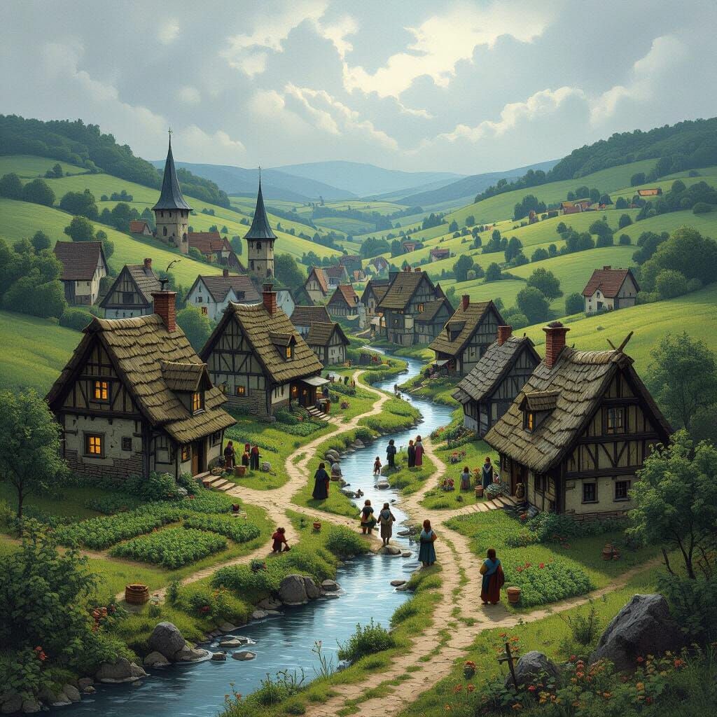 Dark Fantasy Village Amidst Rolling Hills