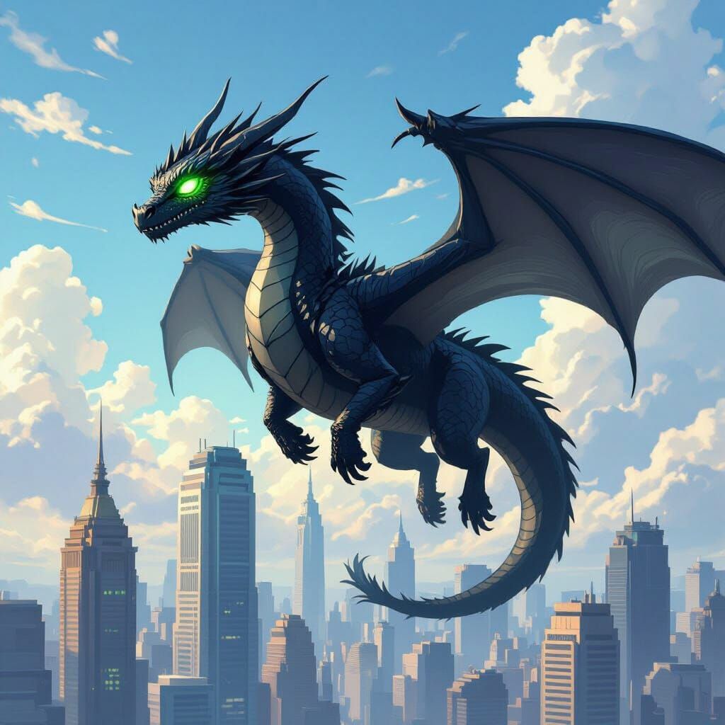 Black Dragon Soaring Over City in Digital Art Style