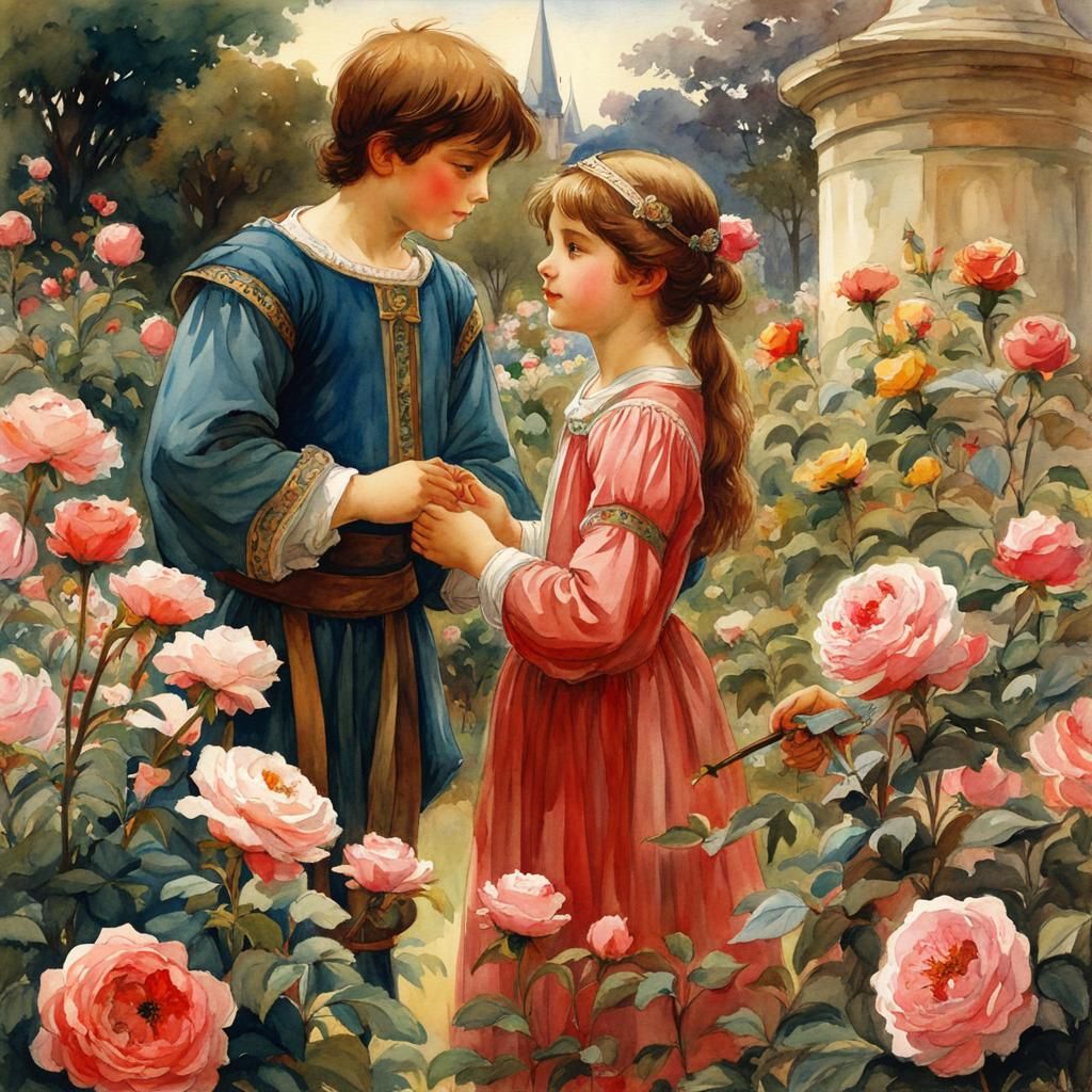 Cheerful Siblings in Rose Garden, Watercolor Painting