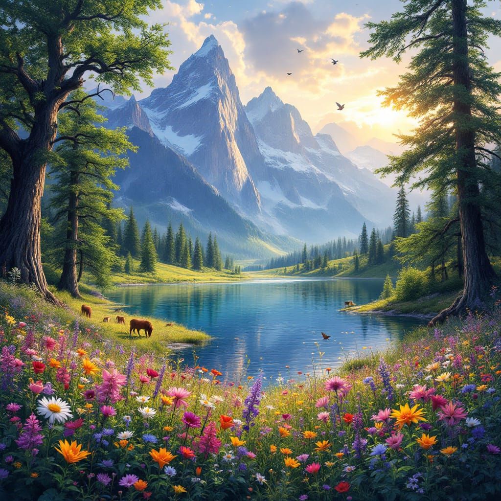 Vibrant Wildflower Meadow Reflecting Majestic Mountains