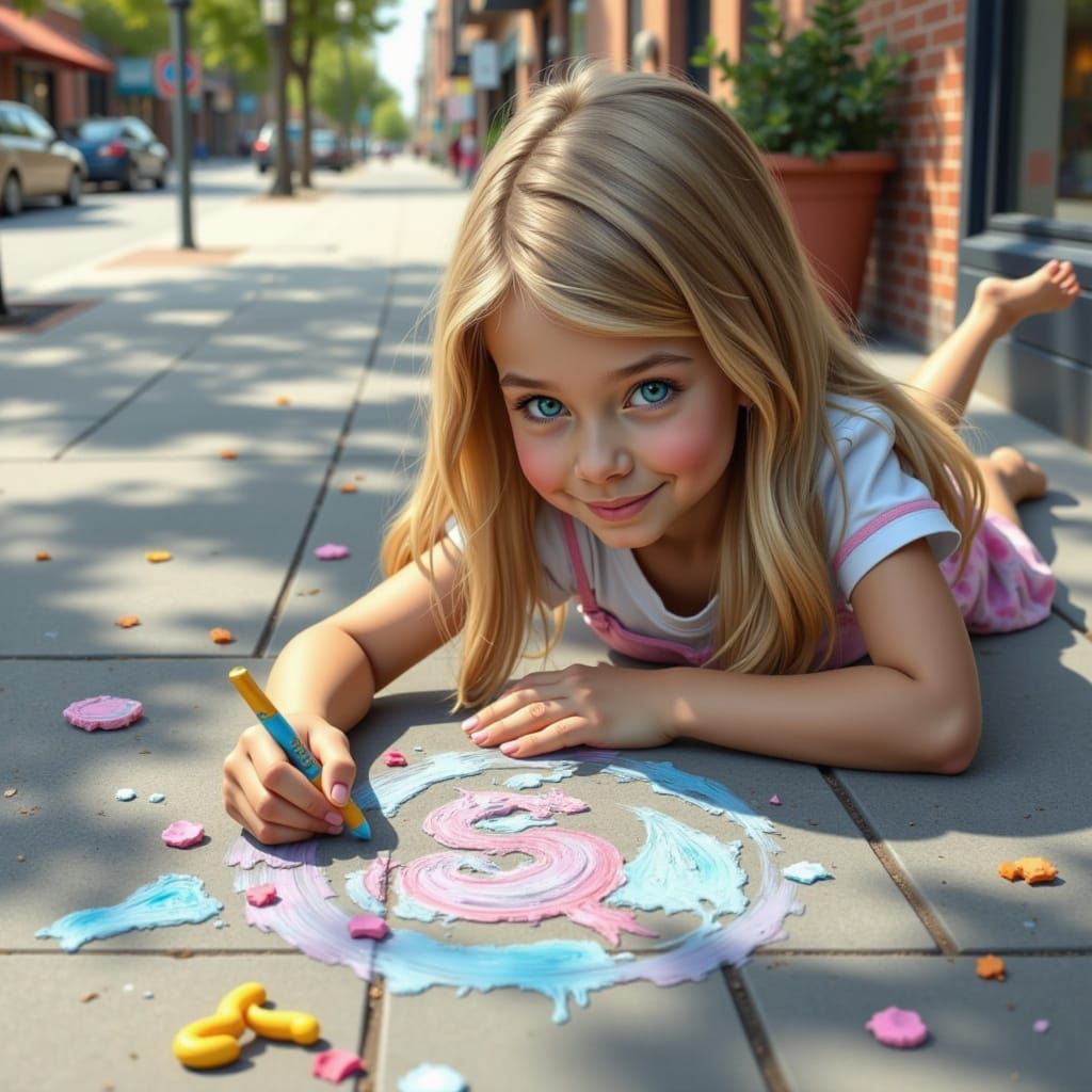 Girl Drawing Dragon on Sidewalk with Chalk