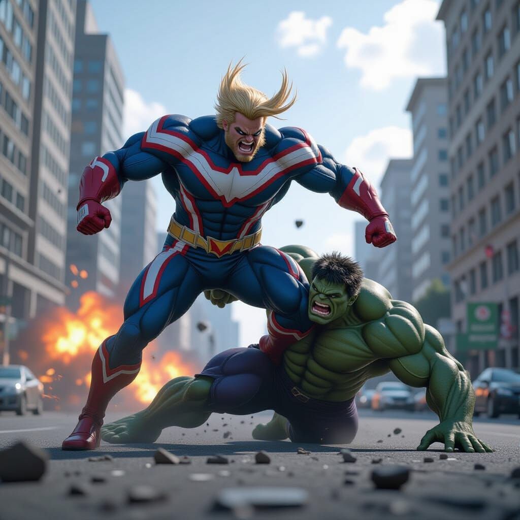 All Might Knocks Down Hulk in Metropolis