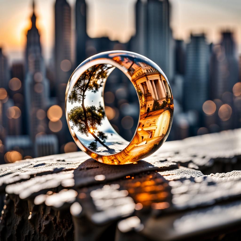 Resin Ring Encapsulating Apocalyptic City, Hyperrealistic