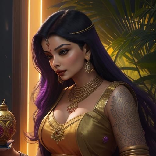 South Asian Punk Woman in Rainforest, Hyperdetailed Art