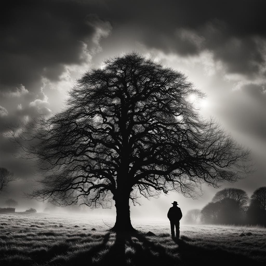 Silhouette of Man and Tree in Hyperrealistic Style