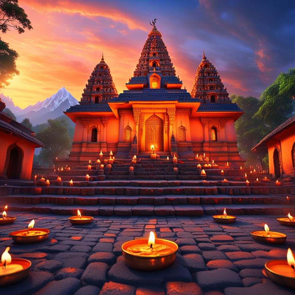 Shiva Temple at Sunset in South Asian Village