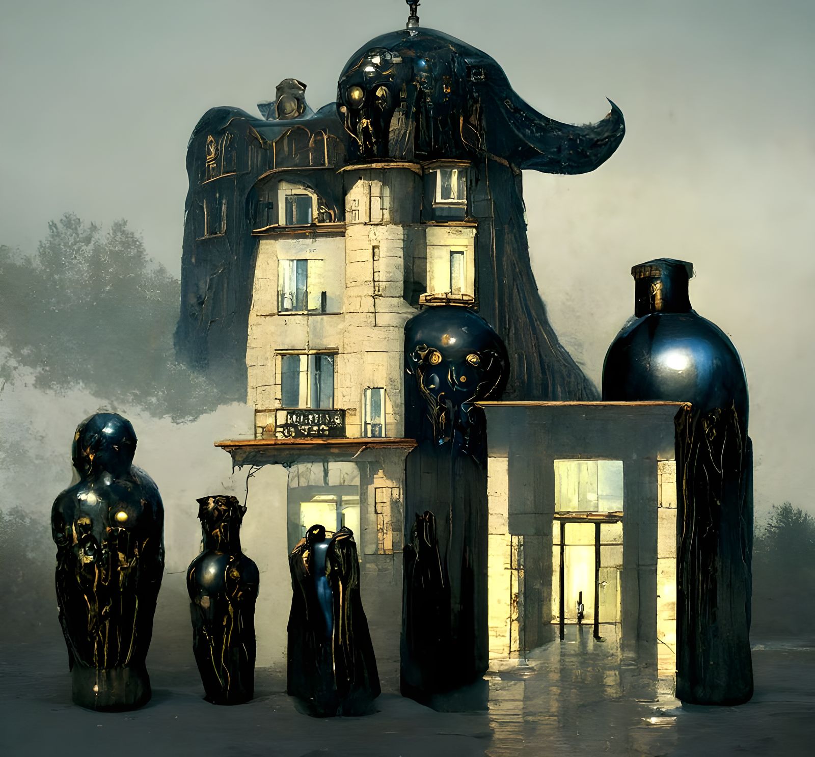 Dystopian Hotel Scene in Pop Art Style