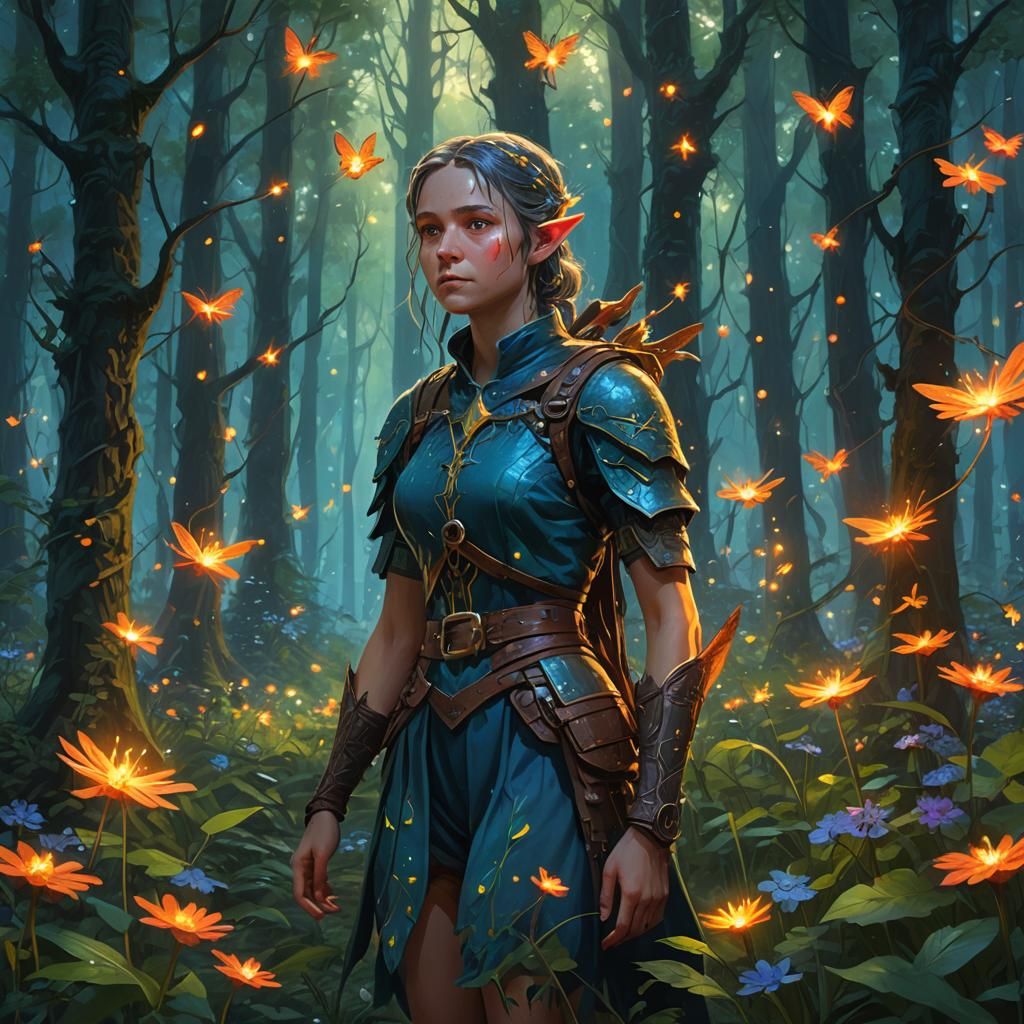 Lush Summer Elf in Forest, Oil Painting Style