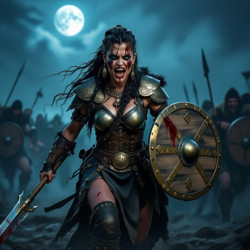 Viking Woman Leading Horde in Photorealistic Style