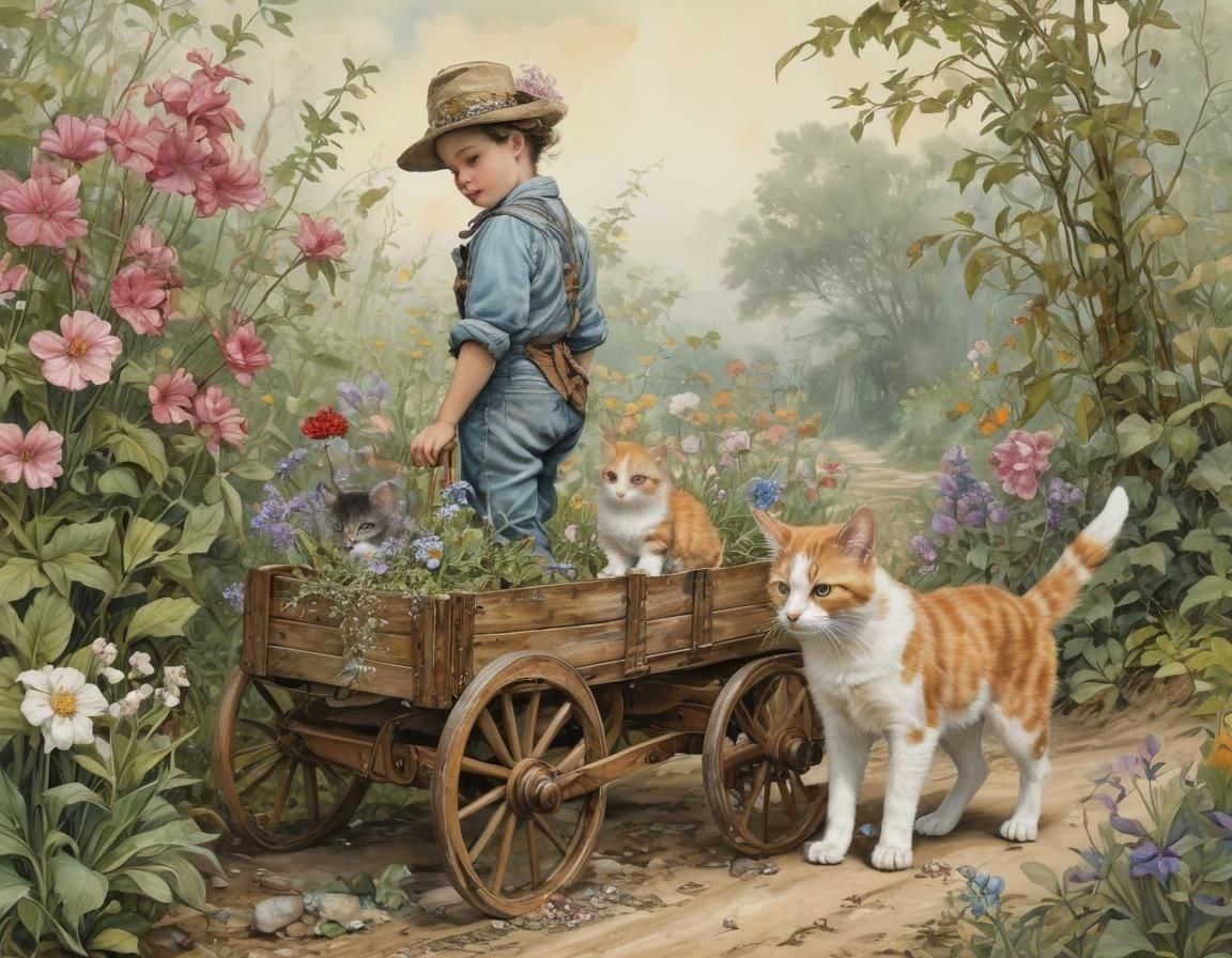 Whimsical Wagon Ride with Kitten and Puppy
