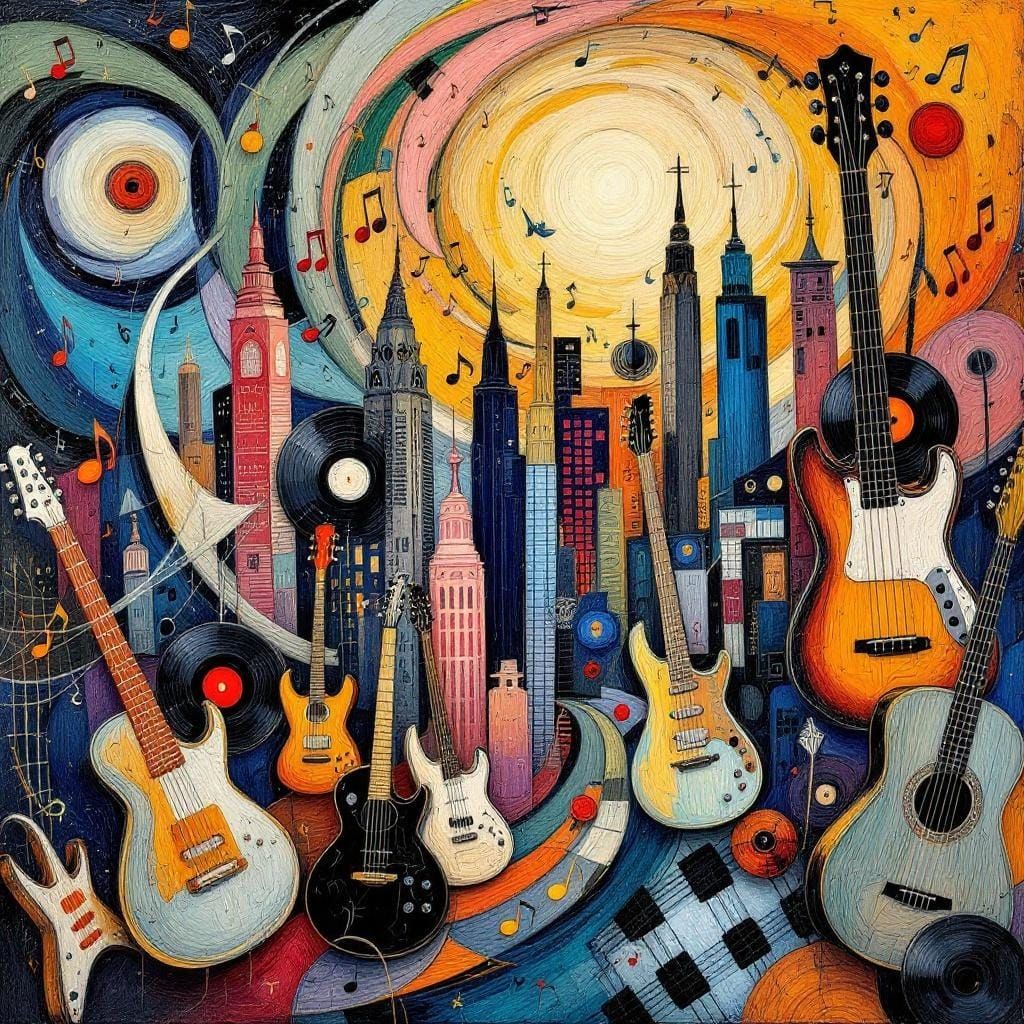 Musical Cityscape in Neo-Impressionist Style