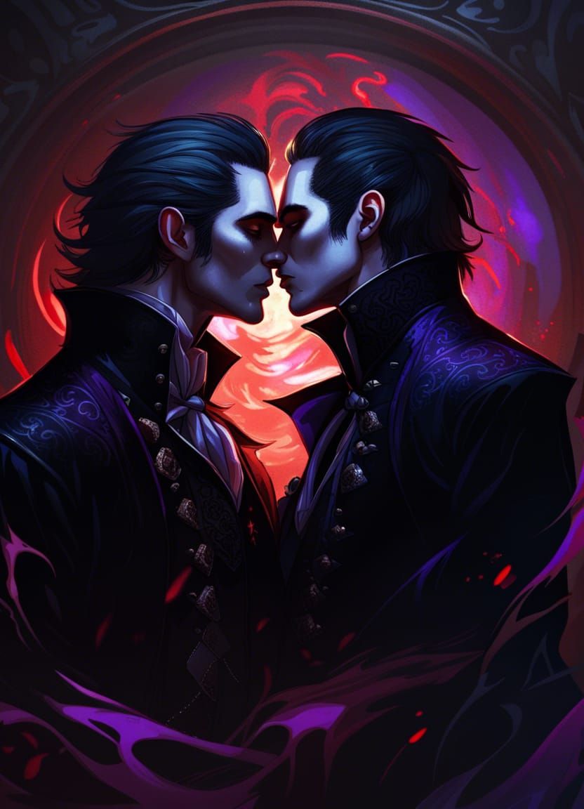 Handsome Gay Vampire Couple Kissing in Goth Style