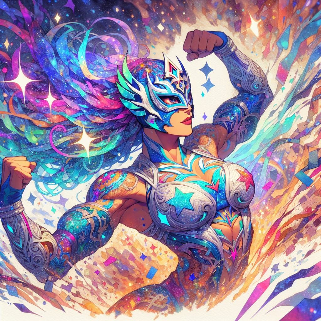 Cosmic Luchadora Goddess Flexing, in Anime Style