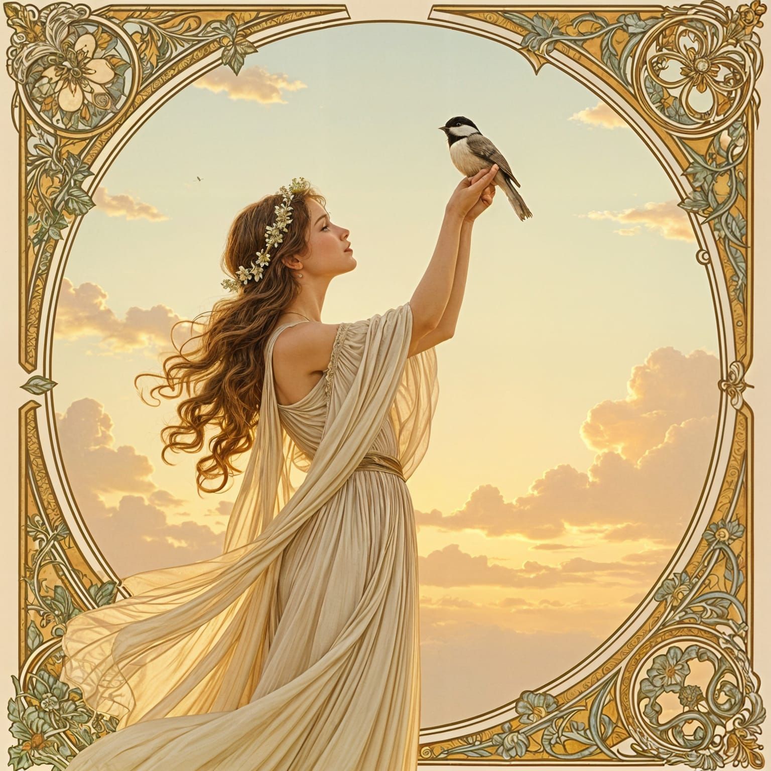 Fair Maiden with Chickadee in Maxfield Parrish Style