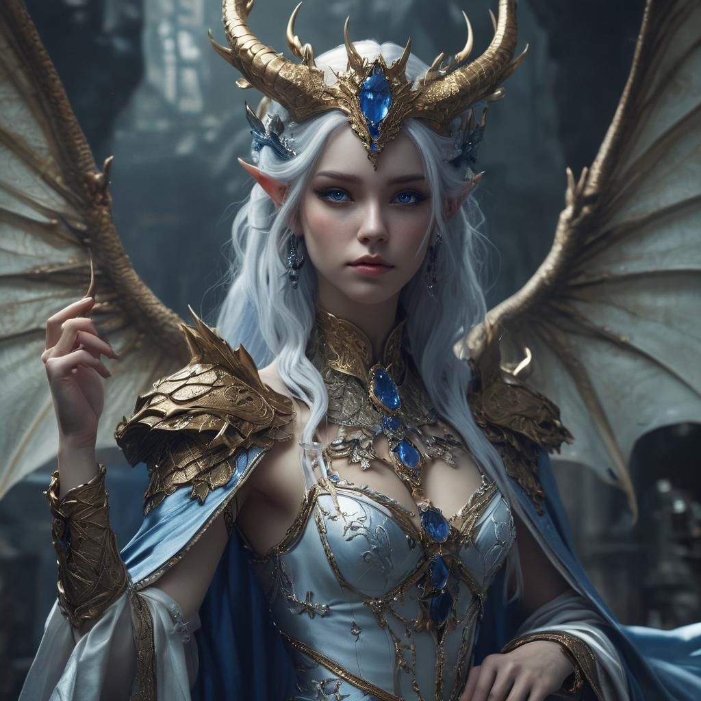 Dragon Queen with Sapphire Eyes in Dark Fantasy Art