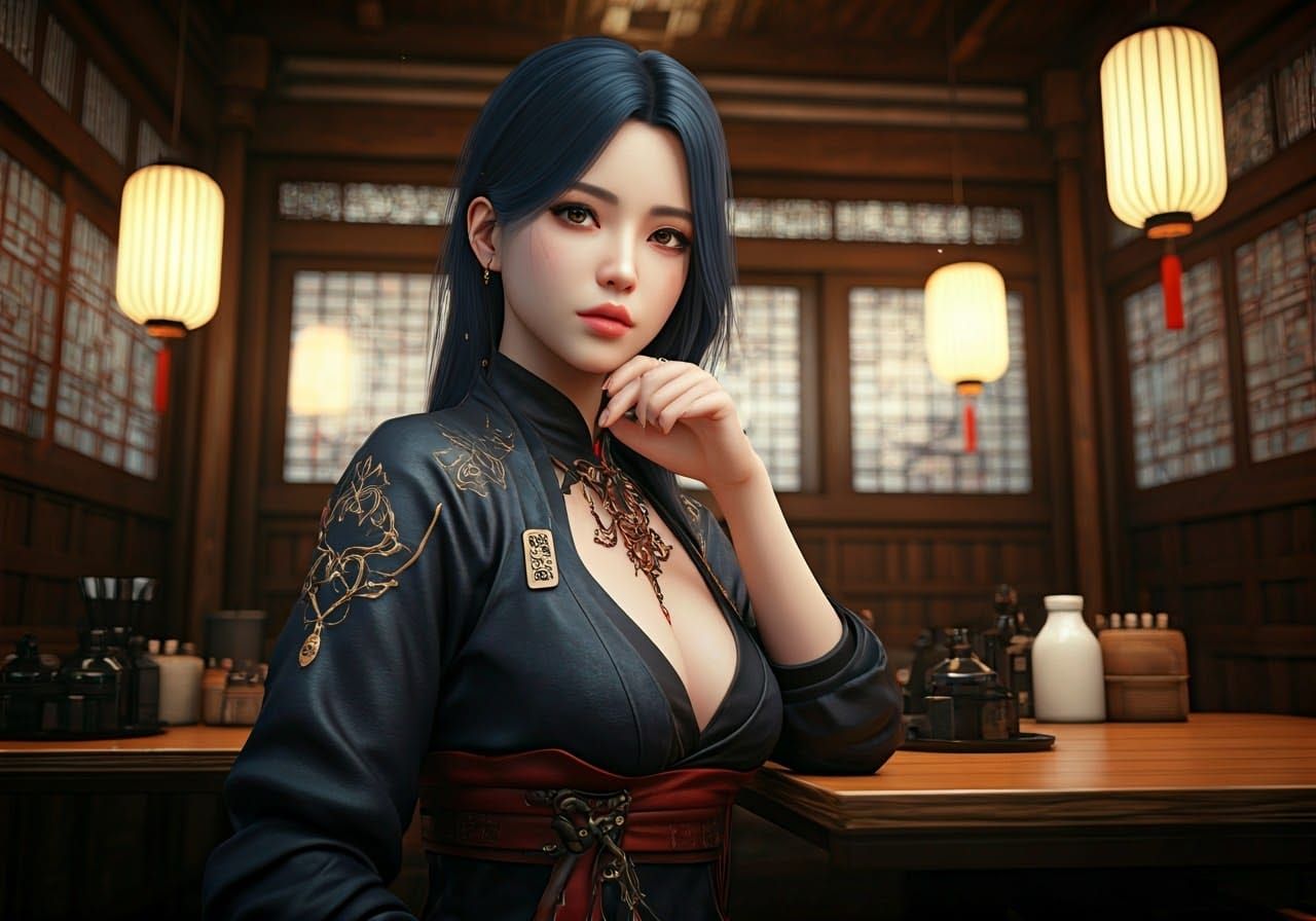 Cyberpunk Korean Woman in Seoul Restaurant, 3D Anime Art