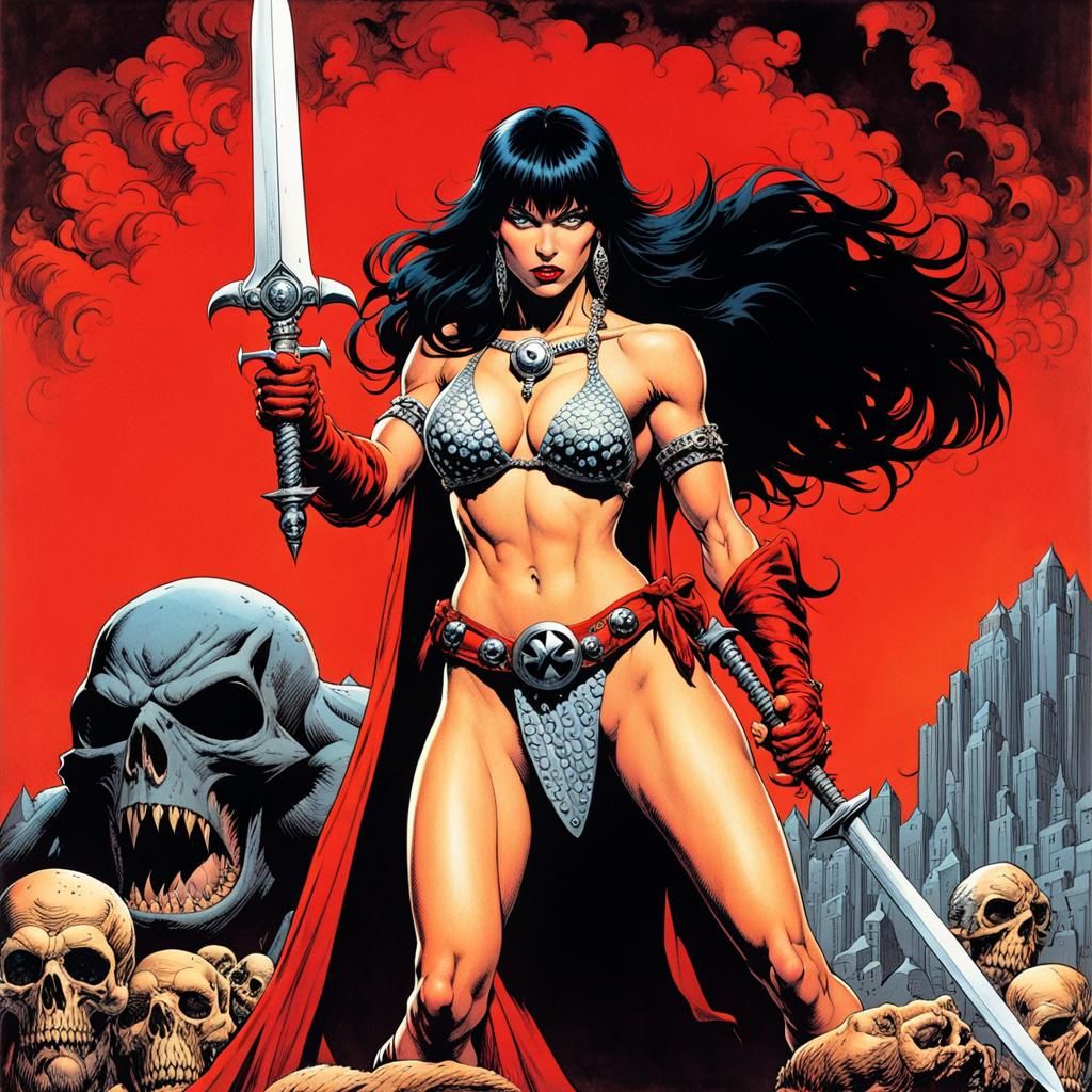 Red Sonja and Vampirella Illustration in Comic Style