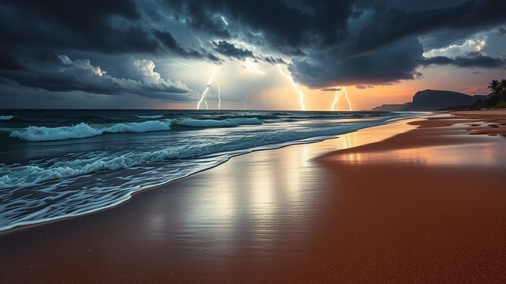 Photorealistic Thunderstorm on a Beach at Night