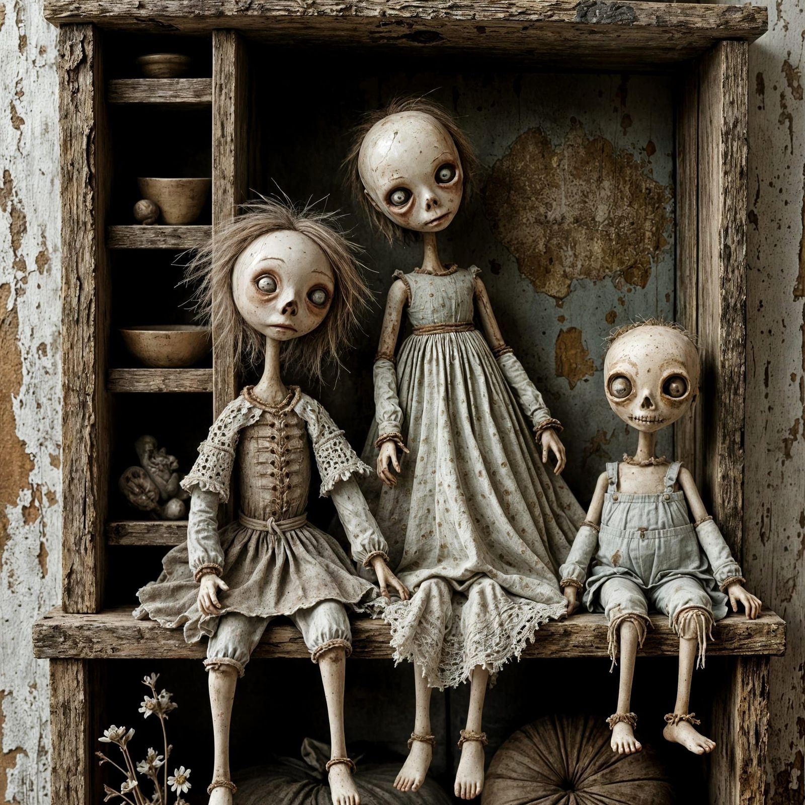 Zombie Toy Dolls on Farmhouse Shelf