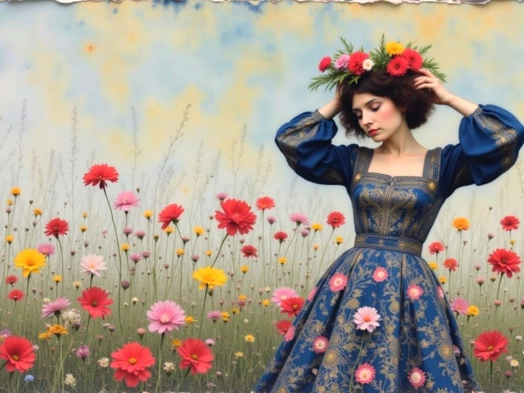 Woman with Floral Background in Klimt Style