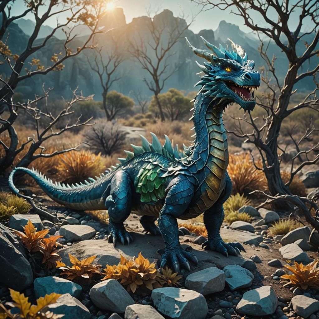 Dragon Shoots Fire in Savanna: Cinematic Film Still