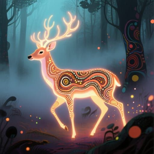 Glowing Deer in Ethereal Foggy Forest