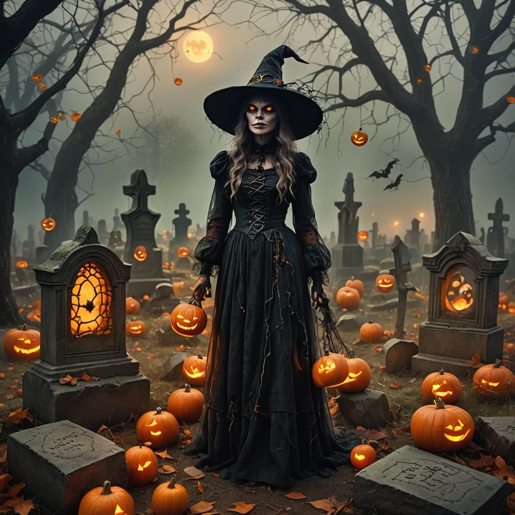 Magical Halloween Witch in Graveyard at Night