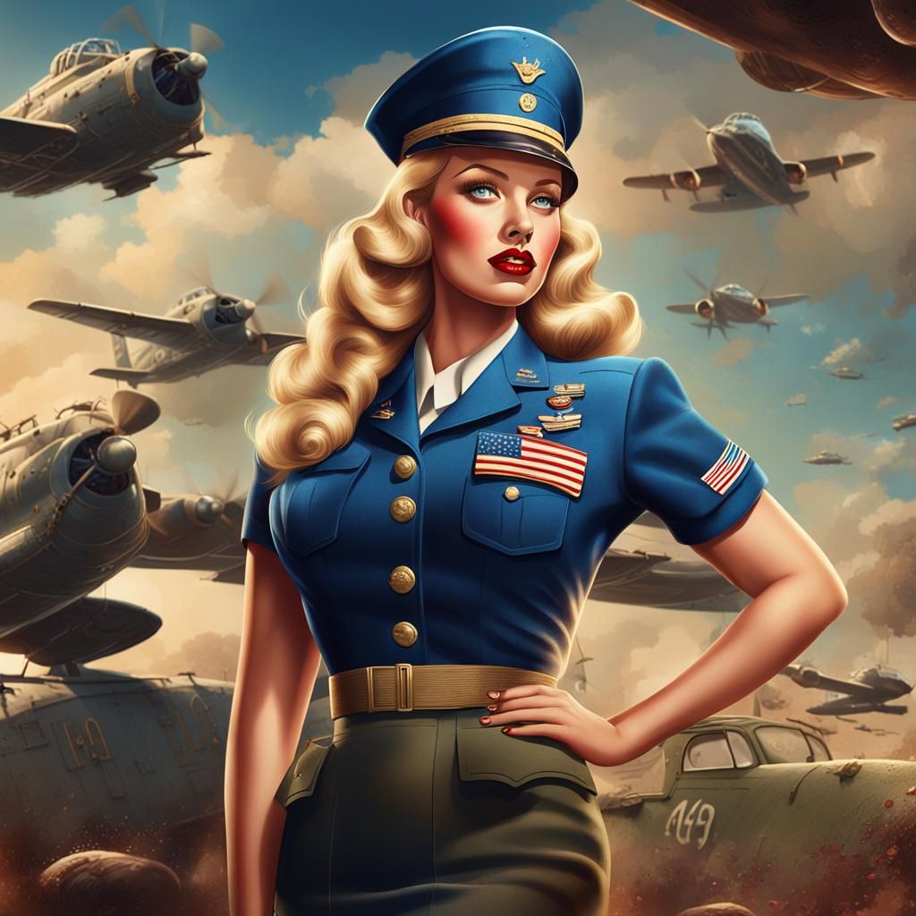 1940s Pinup Illustration of Woman in Uniform