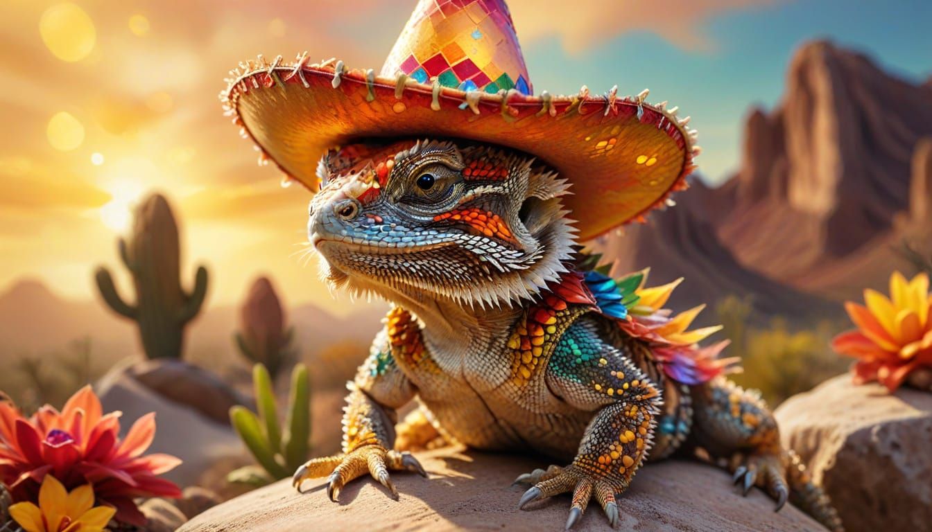 Bearded Dragon in Sombrero, Expressionist Digital Art