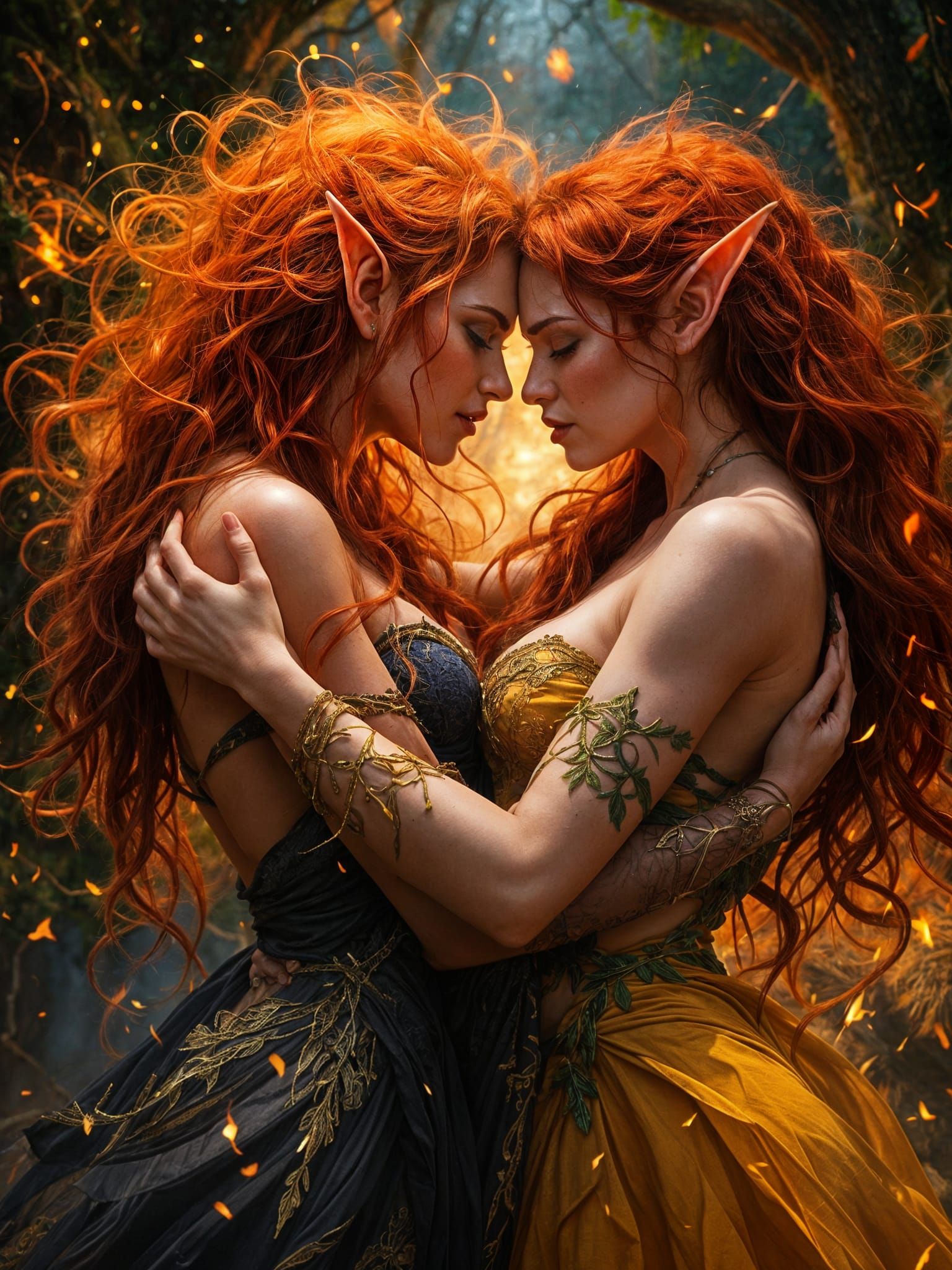 Passionate Elven Embrace in Dramatic Oil Painting Style
