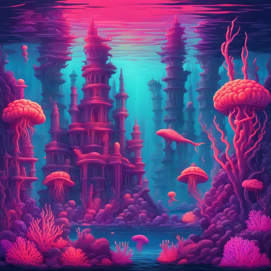 Synthwave Underwater Cityscape with Mermaids