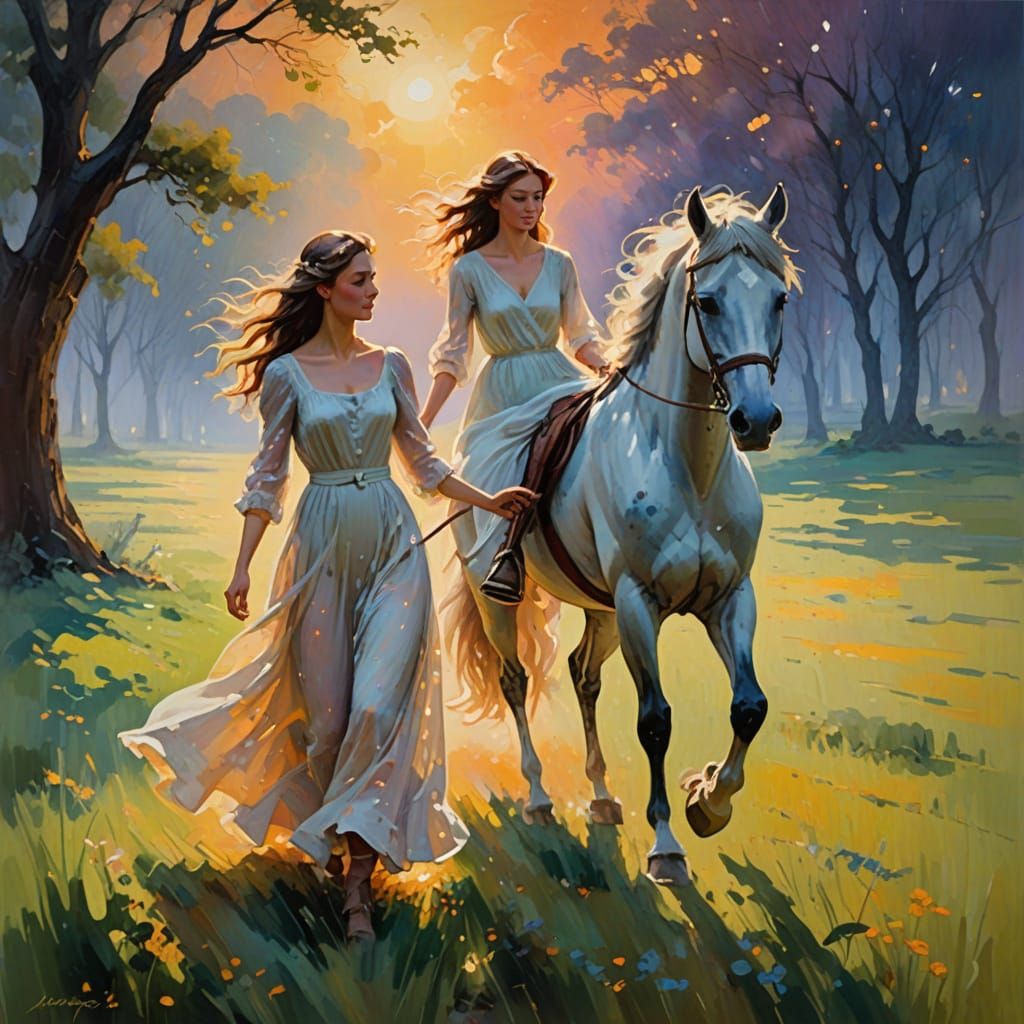 Ethereal Beauty Leads a Dappled Horse Through a Neon Cloud