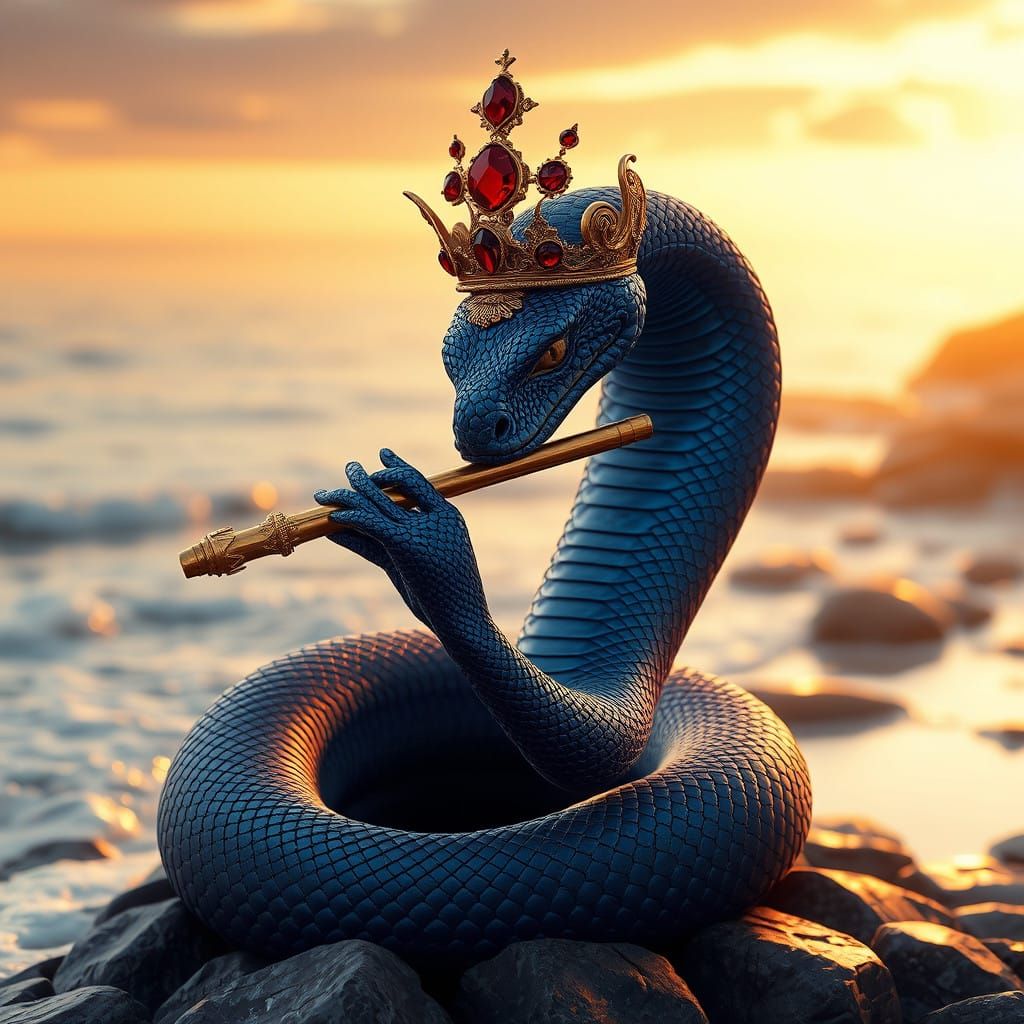 Mystic Indigo Snake in Golden Hour Seaside Scene
