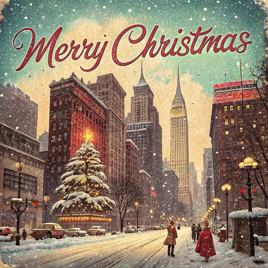 Vintage Christmas in New York Double Exposure Postcard