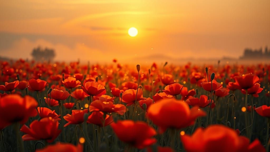 Hyperrealistic Poppy Field at Dusk with Fireflies