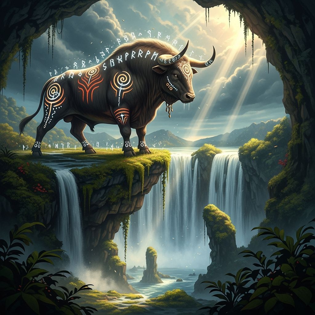 Majestic Bull with Glowing Runes by Waterfall