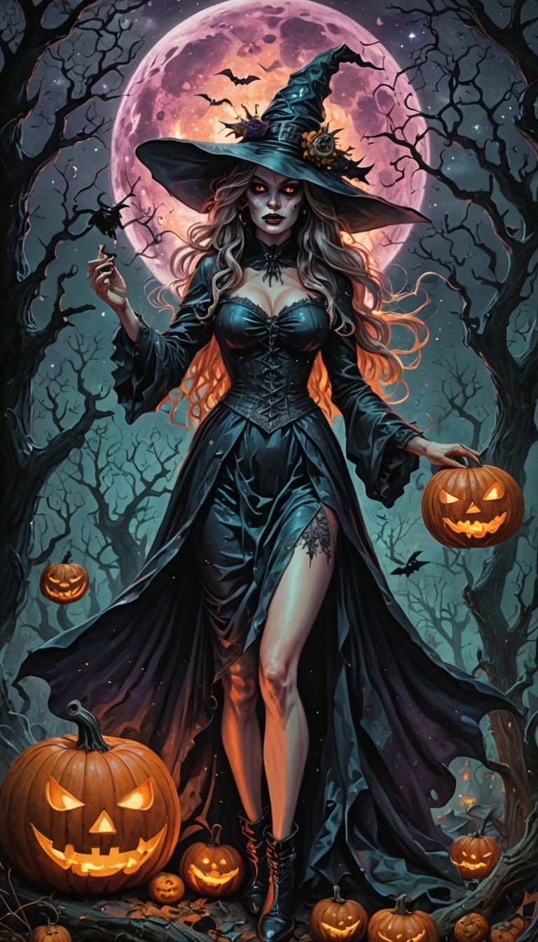 Halloween Witch Pinup in Horror Astral Illustration